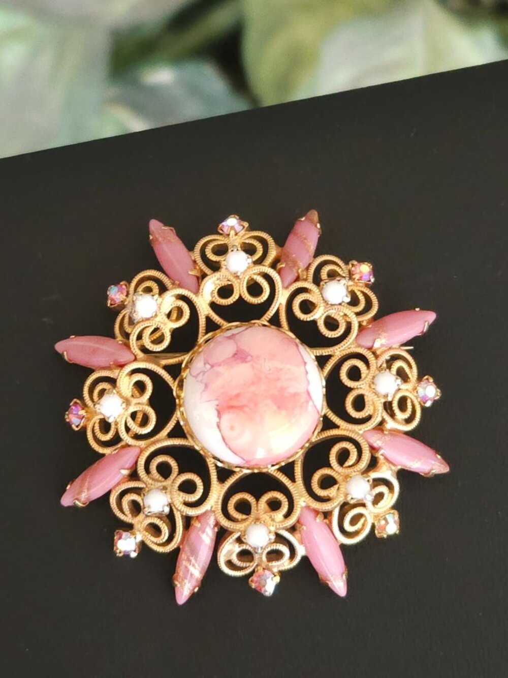 Vintage Art Glass Cabochon, Rhinestone & Heart Scrolls Brooch